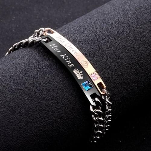 2 Style His Queen Her King Black Rose Gold Color Womens Male Chain Crystal Couple Bracelet for Men Femmo on Hands Jewelry