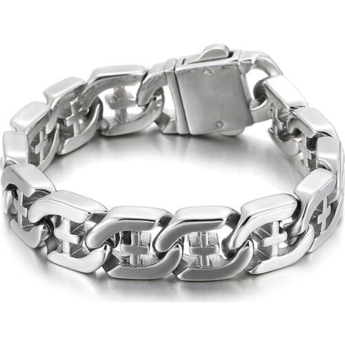 Silver Hollow Link Chain Cross Bracelet Punk Hip-Hop Mens Stainless Steel Bangle 14mm 20.5 Inch 78g Weight for Women Men