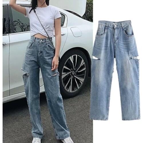 High Waist Blue Casual Denim Pants Women Autumn Winter 2020 Double Pockets Hole Boyfriends Long Pants Female Loose Jeans Mujer