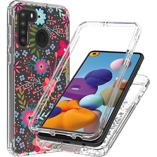 2 in 1 Clear Painted Flower Case for Samsung Galaxy A21 SM-A215 Hard Crystal PC + Soft TPU 360 Full Protective Phone Back Cover