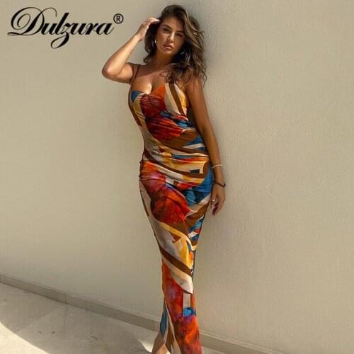 Dulzura Colorful Printed Strap Midi Dress Ruched Bodycon Sexy Party Elegant Club Streetwear 2021 Autumn Winter Fashion Y2K