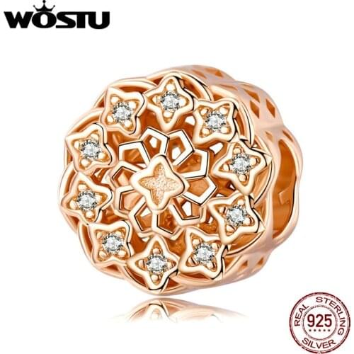 WOSTU 100% 925 Sterling Silver Inspiration Flower Round Charms Rose Gold Beads Fit Original Bracelets Pendant Jewelry CQC1279