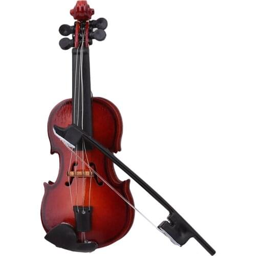 Mini Violin Dollhouse Miniature Musical Instrument Wooden Model Decor with Bow, Stand Support and Case