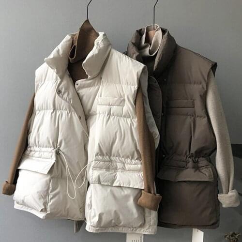 Autumn Winter Women Down Cotton Vest Fashion Sleeveless Waistcoat Pockets Buttons Down Vest Thick Warm Coat Female