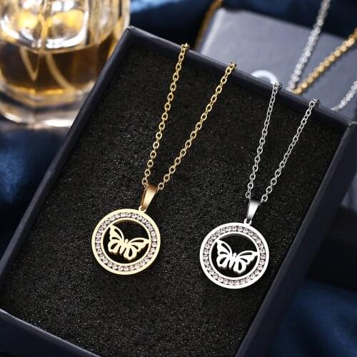CACANA 316L Stainless Steel Openwork Butterfly Necklace NEW Crystal Rhinestone Necklaces For Women Wedding Valentines Day Gifts