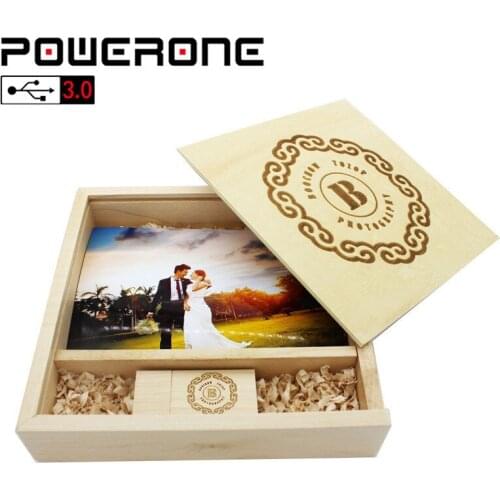 POWERONE USB 3.0 free customer LOGO Maple Wood Photo Album pen usb+Box Memory stick Pendrive 64GB 32GB Photography Wedding gifts