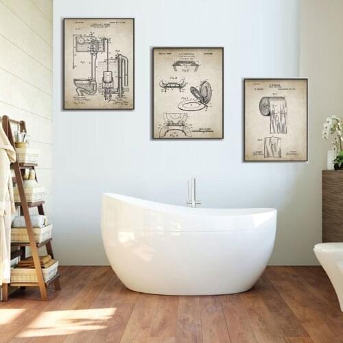 Retro poster, bathroom print, toilet paper roll, water tank, toilet design, toilet canvas blueprint, home wall art decoration