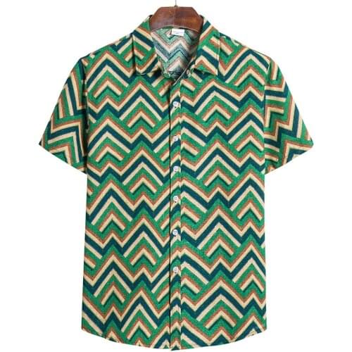 New Arrival Summer Plus size 5XL Men Striped Turn Down Collar Linen Short Sleeve Shirt