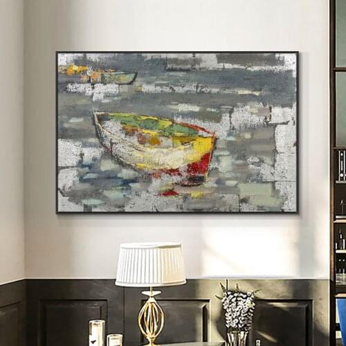 Handmade Oil Painting On Canvas Abstract Colorful Boat Modern Landscape Mural Home Decorative Hand Painted Art Wall Paintings