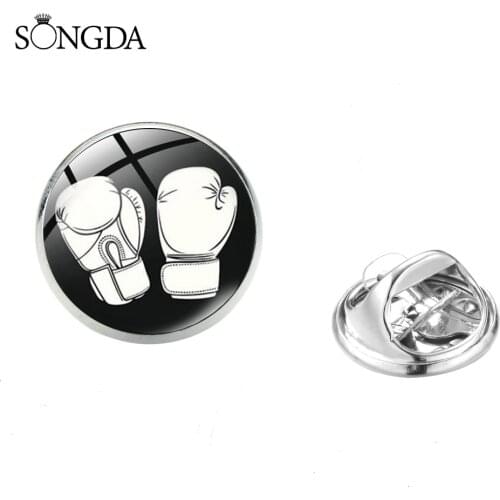Creative Boxing Glove Cartoon Print Lapel Pin Simple Art Photo Glass Cabochon Brooches Gym Sports Boxing Club Bag Badges