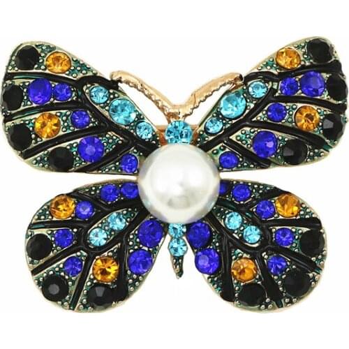 OneckOha Rhinestone Butterfly Brooches Enameled Zinc Alloy Simulated Pearl Animal Pin Womens Jewelry
