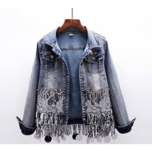 2020 Sequins Beading Tassels Hem Long Sleeve Chic Top Denim Jacket Spring Women Coat Chaqueta Mujer