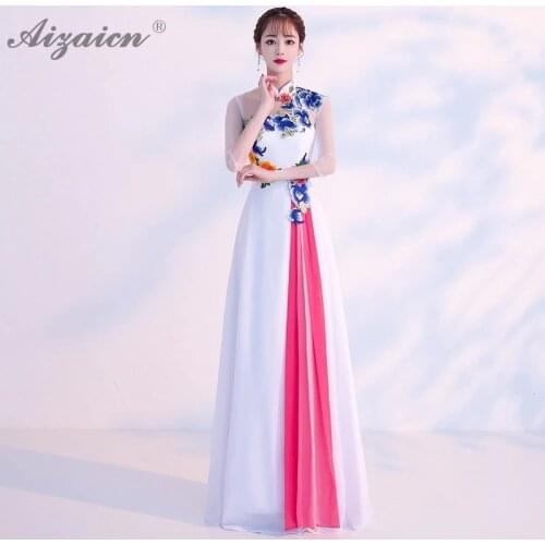 Women Chinese Traditional Evening Dress Modern White Embroidery Qipao Oriental Style Vintage Cheongsam Plus Size Qi Pao Gown