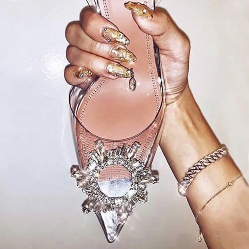 Pointed Toe Women Sandals 2019 New Transparent Crystal Rhinestone Back Strap High Clear Heels Summer Sandals For Girls Wedding