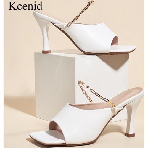 Kcenid High Quality Cozy Soft PU Leather Women Slippers Fashion Metal Chain Design Summer Slides Sandals High Heels Ladies Shoes