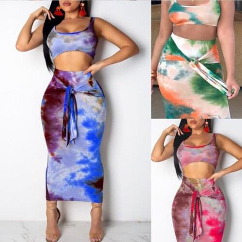 Ladies Summer Sleeveless Crop Top Bandaged Skirt Streetwear Clubwear Women Clothes 2Pcs Set Suit