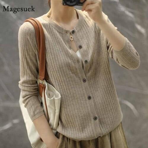 2020 Autumn Winter New Cardigan Women Knitted Sweater Korean Style Striped Solid Casual Single-breasted Sweater Pull Femme 11953