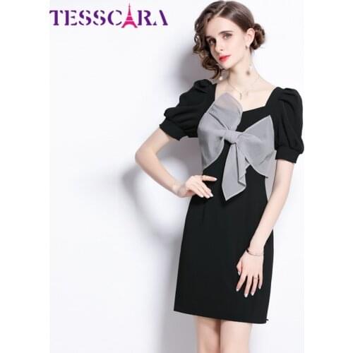 TESSCARA Women Summer Elegant Black Dress Festa High Quality Short Mini Party Robe Femme Runway Bow Designer Pencil Vestidos