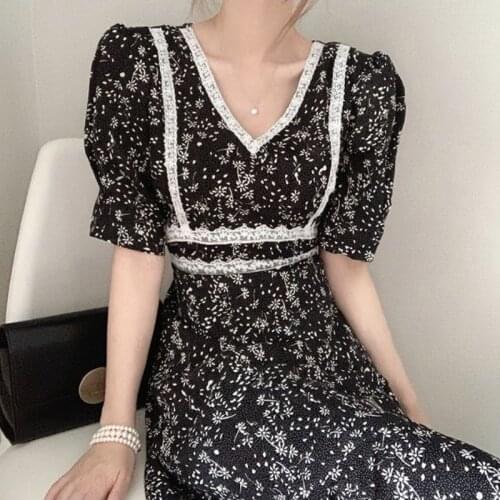Women Dress Lace-edged V-neck Bubble Sleeve Dress Korea Dongdaemun 2020 Summer New Waist Printed Fishtail Dress Women Clothes