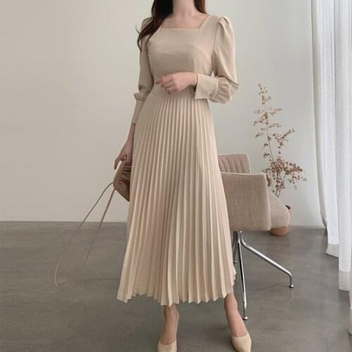 Elegant Square Collar Women Pleated Dress Full Sleeve Slim Waist Dresses Vintage Korean Style Female Long Casual Vestido 2020