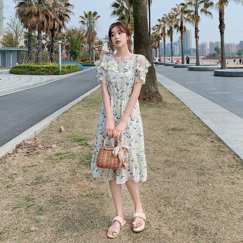 COIGARSAM French Style Floral Print Women Long dress New Summer Chiffon Dresses Pale Yellow 9313