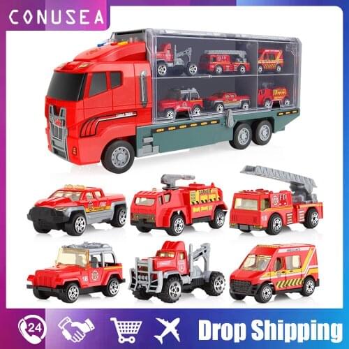 6pcs /Set Toys car Model Engineering Vehicles Fire Truck Childrens toy for boy Kids age 3 4 Educational montessori Gift