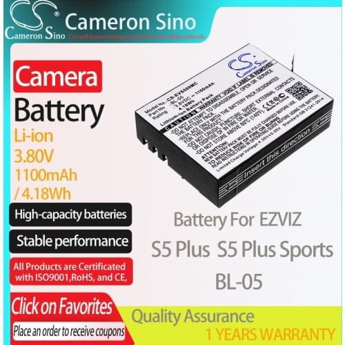 CameronSino Battery for EZVIZ S5 Plus S5 Plus Sports fits EZVIZ BL-05 camera battery 1100mAh/4.18Wh 3.80V Li-ion Black