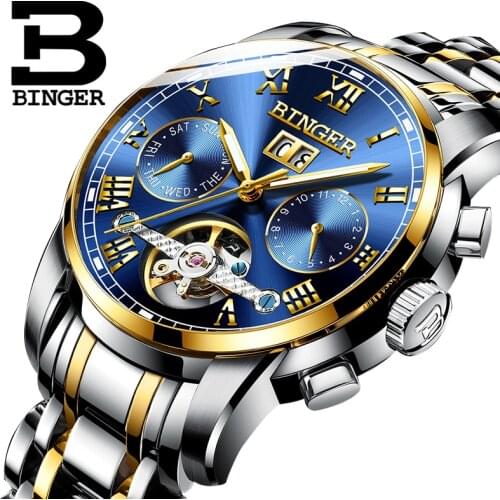 Switzerland BINGER Mens Watches Top Brand Luxury Automatic Mechanical Watch Men Full Steel Business Waterproof Tourbillon Watch