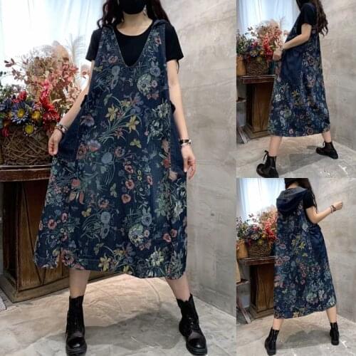 Sleeveless Hooded Denim Dress Women V-neck cowboy Dress Maxi Baggy Vintage Oversized Dresses Big Pocket Jean A-Line Vestdios