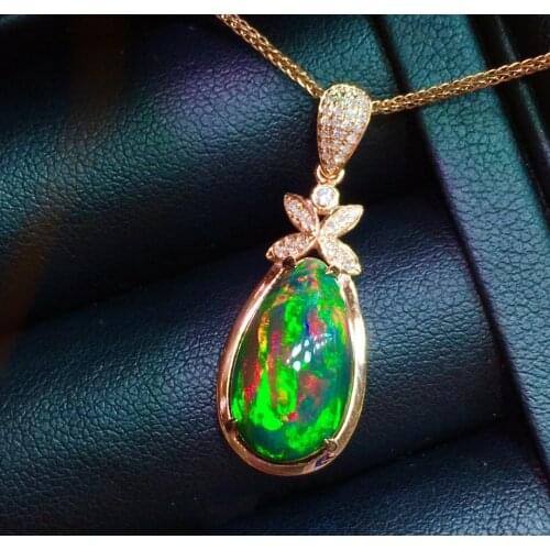 E527 Fine Jewelry Real 18K Gold AU750 G18K Natural Black Opal Pendant 5.2ct Gold Diamond Pendant Gemstone Necklaces for Women