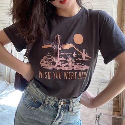 Calelinka 2021 Summer Vintage Desert Cactus Printed Cotton Graphic Tees Ins Fashion Loose Short Sleeve Round Neck Women Tshirt