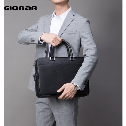 GIONAR Mens Brief Case Messenger Bag Slim Real Leather 15 Inch Laptop Business Briefcase Tablet Bag Black Brown Grey Blue