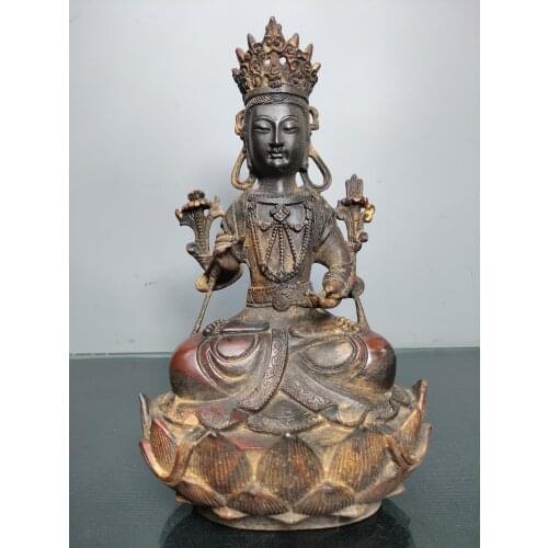 9"Tibet Temple Collection Old Bronze Cinnabar Lacquer Northern Wei Buddha Sitting lotus Taiwan Tara Bodhisattva Ornaments
