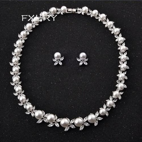 FXLRY Elegant White Color AAA+ Cubic Zirconia Stone Flowers Pearl Choker Necklaces Earring For Wedding Bride Jewelry Sets