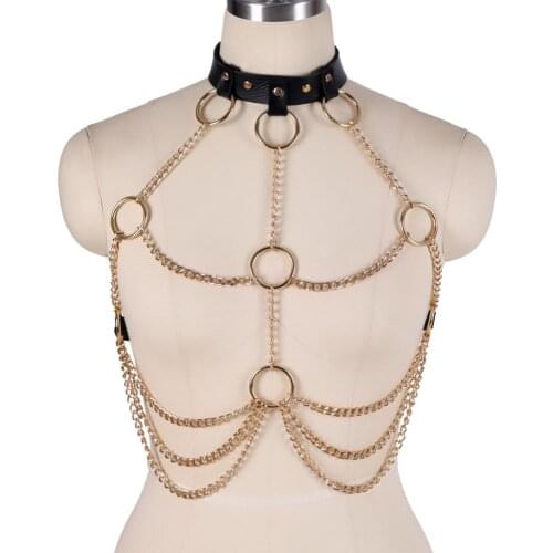 Leather Harness Bra Belt Body Chain Metal Cage Chest Suspender Rivet Ring Top Plus Size Pole Dance Body Cage Lingerie Punk Goth