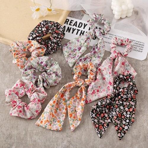 Summer Soft Chiffon Floral Hair Ties for Women Elastic Hair Bands Short Ribbon Scrunchies Hair Accessories Ponytail Holder