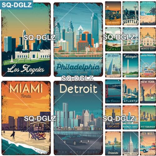 [SQ-DGLZ] American City Metal Sign Vintage Metal Plaque Travel Plates Decor For Bar Home Wall Decor Tin Sign Landscape Poster