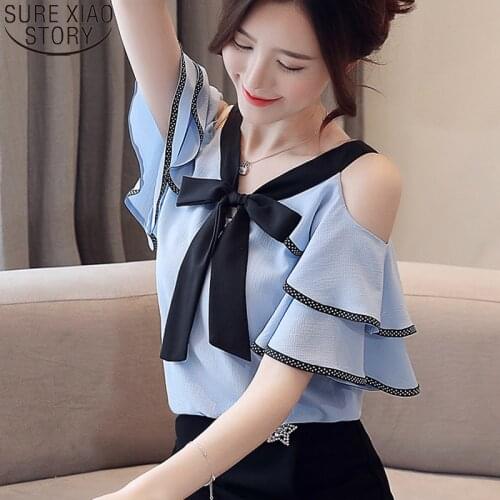 Fashion Women Chiffon Blouse Bow Tops Blusas Mujer 2021 New Sexy Off Shoulder V-neck Short Sleeve Blouses Summer Clothes 14096