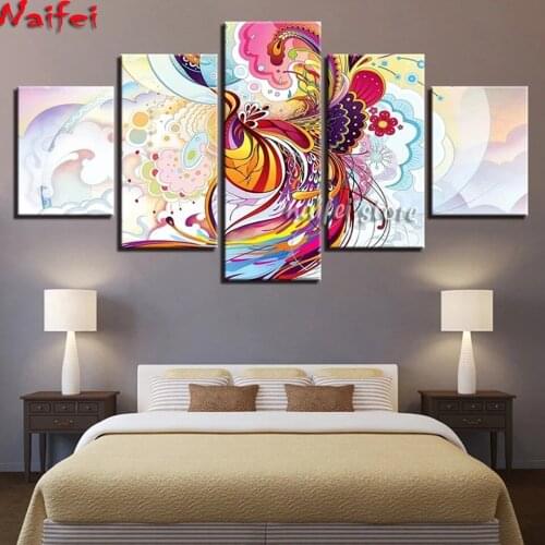 Full Square Round diamond art Diy Diamond Painting Phoenix Flowers 5 Piece Multi Panel Diamond Embroidery Rhinestones