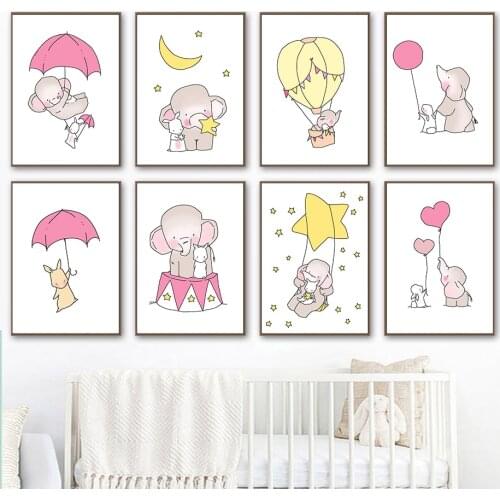 Umbrella Star Moon Cute Elephant Rabbit Nordic Posters And Prints Wall Art Canvas Painting Cartoon Wall Pictures Kids Room Decor