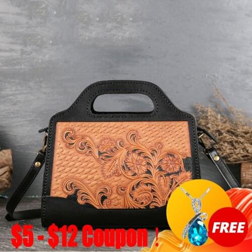 CGA 2021 New Senior Handmade Leather Carving Handbags For Women Luxury Designer Vintage First Layer Cowhide Embossed Female Bag