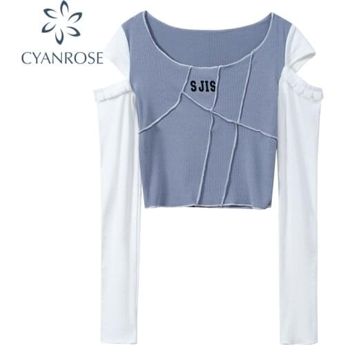 Off Shoulder Skinny Cropped T Shirt Women Long Sleeve Bodycon E-Girl Aesthetic Vintage Irregular Patchwork Tees And Tops Female