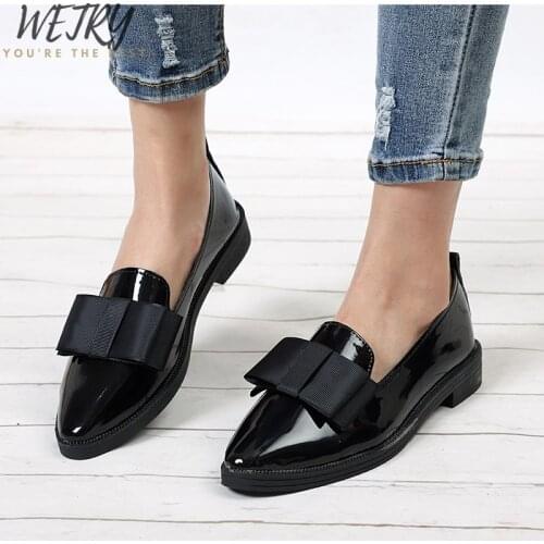 Autumn Flats Women Shoes Bowtie Loafers Patent Leather Womens Low Heels Slip On Footwear Female Pointed Toe Thick Heel