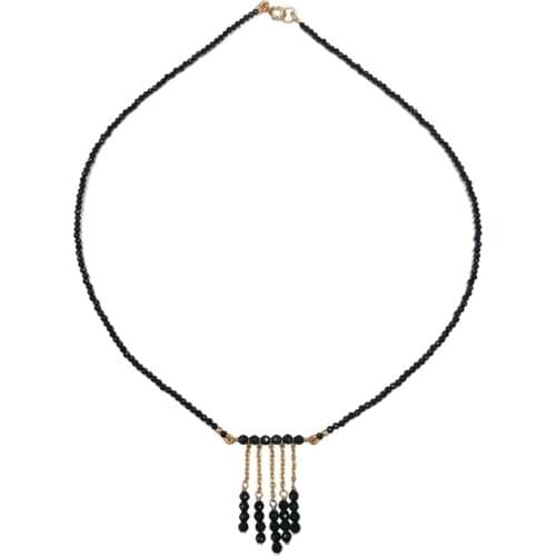 Natural Black Spinels 1-2mm 18KGP Choker Shining Tassel Necklace 40cm