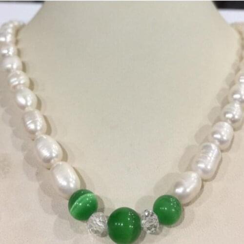 Freshwater Rice pearl & green opal necklace 7-8mm
