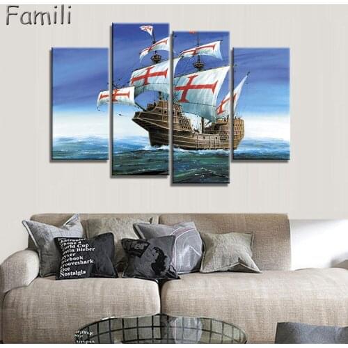 4Pieces Unframed Sailing Boat Canvas Painting Art Posters and Prints Landscape Wall Art Home Decor for Living Room Home Decor