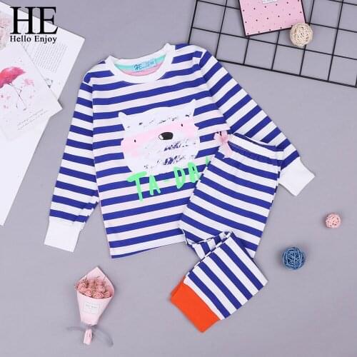 Hello Enjoy Kids Girls Pajama Sets Autumn Animal Cartoon Stripes Top + pants Children Pajamas Soft and Comfortable Suits 3-6Y