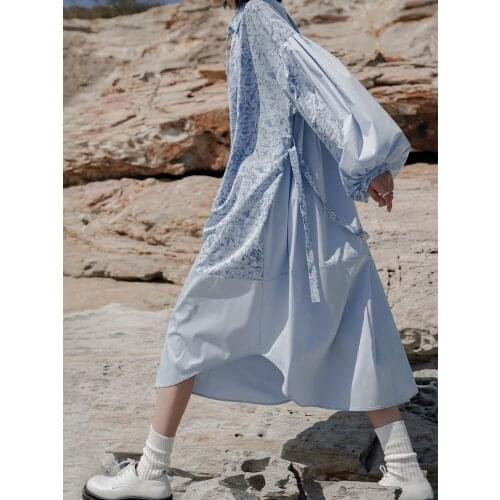 Niche design sense color matching printing Lantern Sleeve Dress 2021 new dress spring 0413