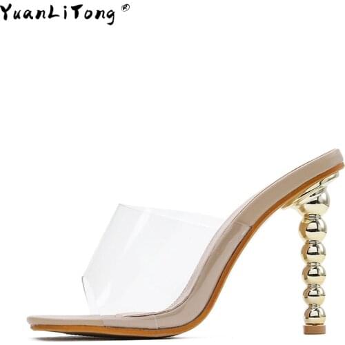 GENSHUO Women Sandals Clear Mule Heels Sandals Slippers Women Metal High Heels Flip Flops Square toe Slides Party Shoes Woman