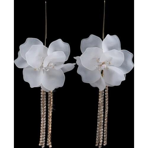 BK Trendy Long Exaggerated Earrings White Crystals Chains Resin Flower Hook Loop Popular Ear Ornament Female Dangle Jewellery